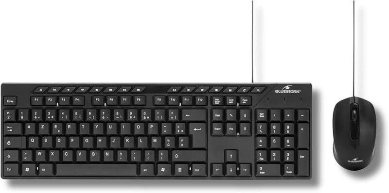 Bluestork – Pack Clavier et Souris Filaire – Design Ergonomique - 9 Raccourcis MultiMedia – Noire AZERTY Francais - Produit Neuf